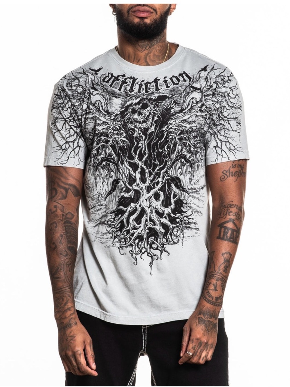 Affliction Men’s White Graphic Skull & Tree Tee AUTUMN EMBRACE TEE Size L